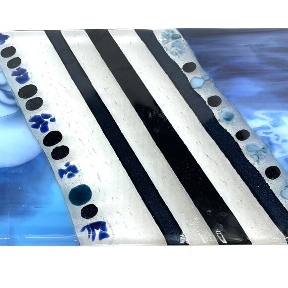 Dos Sirenas Fused Glass Plate Serving Tray Footed 12 x 6" Blue White Black 2016 - Picture 3 of 9